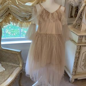 Ooh la la couture taupe tulle ruffle dress with pearls and rhinestone